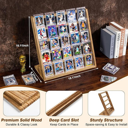 Emfogo Trading Card Display Stand, 5 Tier Sports Graded Card Display, Wooden Trading Card Display Stand for Soprts Card Collection & Show, Brown