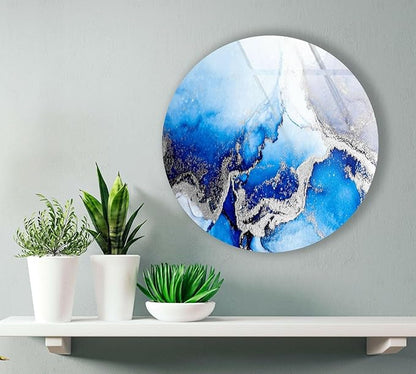 My Photostation.com 27.5''(70cm) Diameter Blue Marble Round with Silver Details Glass Wall Art Tempered Glass Printing Wall Decor Large Wall Art Wall Hangings