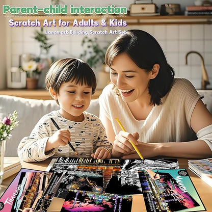 Scratch Art Painting Kit for Adults-8 Sheets A4 Rainbow Scratch Painting Paper Craft Set with City Landmarks|Stress Relief Gift for Travel&Craft Lovers|Scratch Art Home Decor(Asian Series)