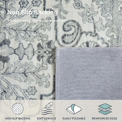 Lahome Bohemian Floral Medallion Area Rug - 3x5 Beige Washable Entryway Rug Office Mat, Transitional Non Slip Indoor Throw Bedroom Carpet for Kitchen Coffee Table Mudroom Dressing Room RV