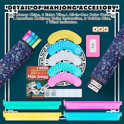 New American Mahjong Game Set, 166 Premium White Tiles with Portable Metal Dices, 4 All-in-One Racks with Pushers, Mah-Jong Games Sets, Ma Jong Tile Game (Blue)