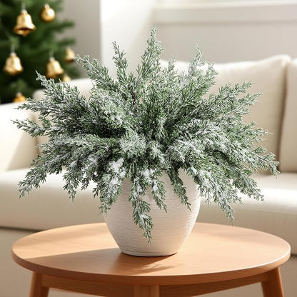 10 Packs 16.5" Artificial Christmas Snow Pine Branches, Snow Flocked Faux Greenery Norfolk Pine Sprigs Cypress Stems, White Frosted Fake Foliage Pine Needle Picks for DIY Craft Garland Home Decor