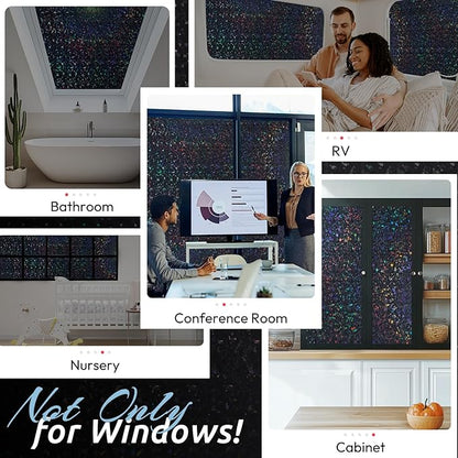 rabbitgoo Blackout Rainbow Window Privacy Film Decorative Stained Glass Diamond Pattern Window Sticker with Iridescent Tint Non-Adhesive Static Cling for Home Office Bathroom, 23.6 x 78.7 inch, Black