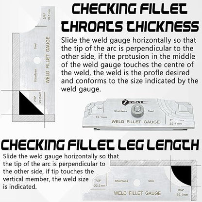 ZeeDix Metal Fillet Weld Gauge Set, Stainless Steel Welding Inspection Gauge Tool(1/8" - 1") Ulnar Metric & Inch