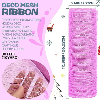 Anivia Deco Mesh Ribbon, 10inch x 30 Feet Each Roll Metallic Foil Mesh Ribbon for Wreaths Swags, Holloween, and Christmas Tree Decoration (Pink/Pink Foil)