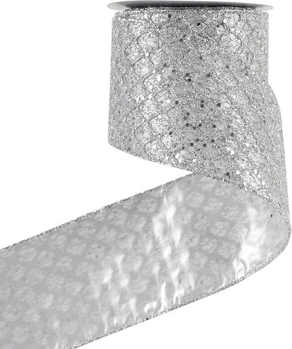 HUIHUANG Silver Christmas Ribbon 4 inch Silver Glitter Wired Ribbon Diamond Mesh Wire Ribbon for X-mas Tree Decorations, Wreaths, Garland, Large Bows Making, Home Decor -10 Yards