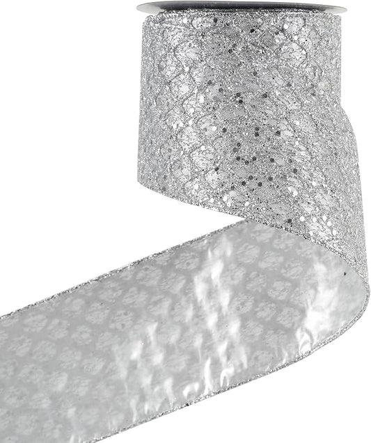 HUIHUANG Silver Christmas Ribbon 4 inch Silver Glitter Wired Ribbon Diamond Mesh Wire Ribbon for X-mas Tree Decorations, Wreaths, Garland, Large Bows Making, Home Decor -10 Yards