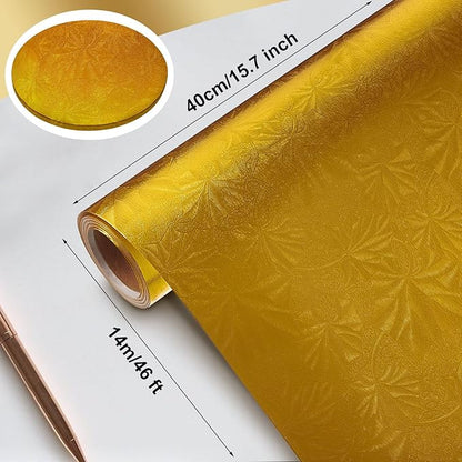 Jecery Embossed Floral Foil Paper Metallic Wrapping Paper Colored Foil Sheets for Crafts Scrapbook Florist Cake Board Cake Drums Christmas Party Gift Wrapping, 15.7 Inch 46 ft(Gold)