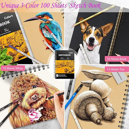 Caliart 176PCS Art Supplies Sketching Kit with 100 Sheets 3-Color Sketch Book, Graphite Colored Charcoal Watercolor & Metallic Pencils, Drawing Set Christmas Gifts for Adults Teens Girls Boys Kids
