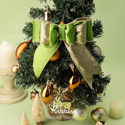 Ribbli Spring Moss Velvet Wired Ribbon 2.5 Inch Lime Green Velvet with Gold Glitter Christmas Ribbon for Christmas Tree Decoration Big Bow Gift Wrapping Crafts Wreaths Supplies- 10 Yards
