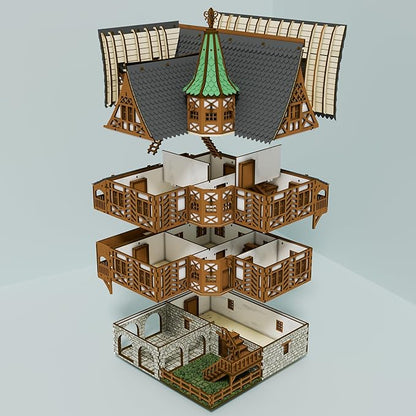 The Tavern - Medieval House (Crooked Elbow) DIY Wooden House Building Kit -715PCS; 12hrs Assembly time; Age Group 18+ - Realistic