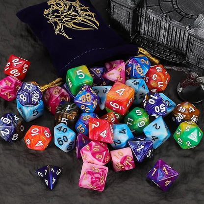 QMay DND Dice - 42pcs Polyhedral Dice, 6 Set Complete Double-Colors D&D Dice Sets with 6 Blue Drawstring Bags for Dungeons and Dragons RPG MTG Table Games
