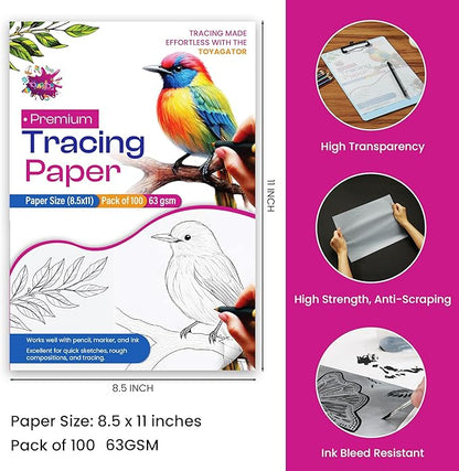 Tracing Paper 8.5 x 11 Inch - 100 Sheets 41lb/63gsm Transparent Vellum Paper for Sketching, Preliminary Drawing, Drafting & Overlays - Premium Translucent Tracing Paper for Pencil, Marker and Ink
