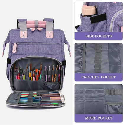 Crochet Backpack,Knitting Bag Backpack Yarn Storage Organizer Travel Crochet Bag with USB Charging Port,Large Yarn Tote Bag, Purple, Crochet Backpack, Travel