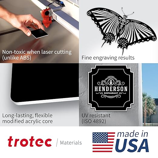 Trotec TroLase | 12"x24"x1/16", 4 Pcs | Black/White | 2 Ply | Modified Acrylic | Laser Engraving Double Color Plastic Sheet | Engraving Blanks for Laser, Saw, Guillotine | Made in USA