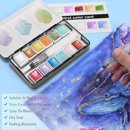 Emooqi Watercolor Paints Set, Metallic Glitter Watercolour Solid Paint Include 12 Metallic Glitter Color 2 Water Brushes 2 Color Card Storage Bag, Ideal for Illustrations Painting.