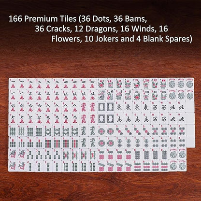 American Mahjong Game Set, 166 White Tiles, 4 All-in-One Color Rack/Pushers, Complete Mahjong Tile Set Red Printed Carrying Bag