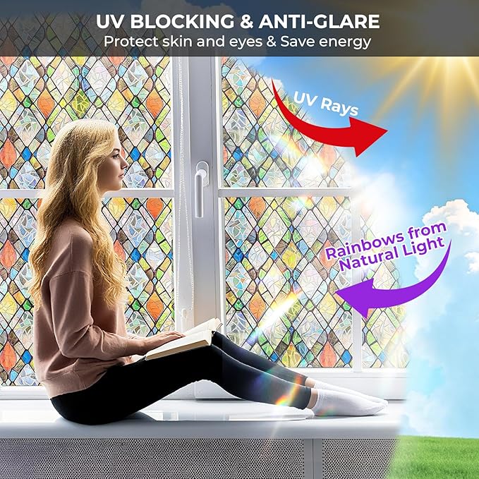 Window Privacy Film Rainbow Film Stained Glass 3D Static Cling Decorative Window Sticker for Bathroom,Front Door,Home Heat Control UV Blocking Non Adhesive,Diamond Grid 35.4 x 78.7inches