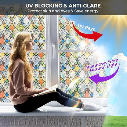 Window Privacy Film Rainbow Film Stained Glass 3D Static Cling Decorative Window Sticker for Bathroom,Front Door,Home Heat Control UV Blocking Non Adhesive,Diamond Grid 17.5 x 78.7 inches