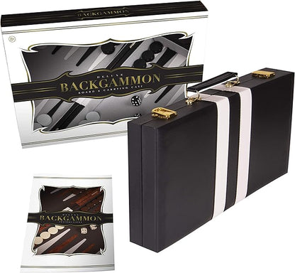 Backgammon Sets for Adults with Premium Leather Case | Classic Travel Backgammon Set for Adults and Kids with Strategy & Guide | 15 Inches | Medium | Black