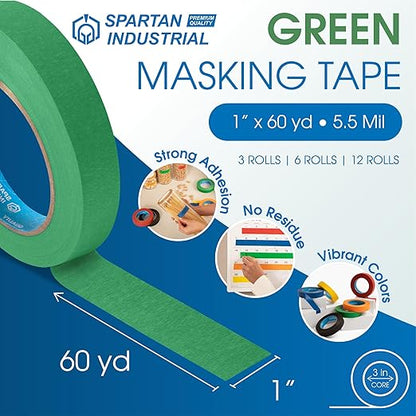 Spartan Industrial - 1" X 60 yd Green Masking Tape - 12 Colored Tape Rolls for Bundling, Labeling, and More - No Residue, 5.5 Mil
