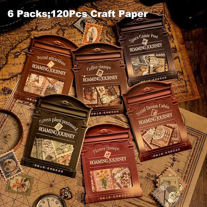 Vintage Stamp Paper Set, 120 PCS Embossed Scrapbook Paper Kit for Journaling, DIY Collage, Card Making, and Art Crafts Supplies
