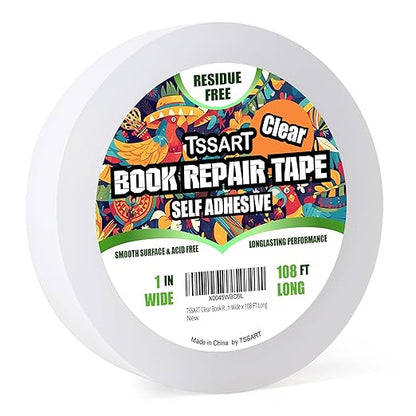 Clear Book Repair Tape - Self Adhesive Stretchable Book Tape, Essential Clear Repair Tape for Reinforcing Protecting, and Covering Mending Books Old Books - 1 Inch Wide x 108 FT Long