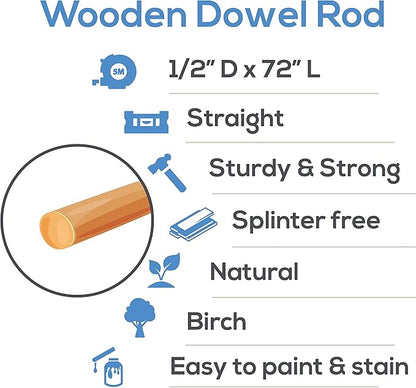 Dowel Rods Wood Sticks Wooden Dowel Rods 1/2 x 72 Inch Unfinished Hardwood Sticks for Crafts and DIYers 10 Pieces by Woodpeckers