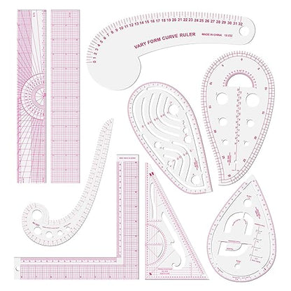 Fashion Clear Metric Sewing Ruler Set,French Curve Pattern Rulers for Beginners, Tailors, Designers, Quilting, Embroidery, Cross Stitch, Crochet, Knitting 9pcs