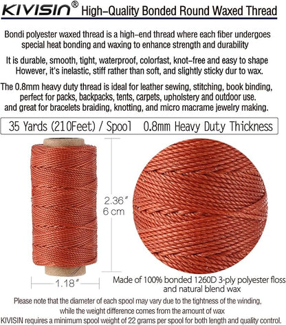 KIVISIN Trendy Color Waxed Thread 0.8mm, Heavy Duty Wax Polyester Cord 32 Yards String Spools Wax Coating for Bracelets Braiding, Micro Knotting, Sewing, Stitching, Book Binding, Micro Macrame Making