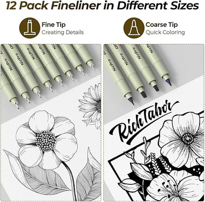 Nicpro 58PCS Art Drawing Supplies Kit in Leather Case, MP1000 Black Metal Mechanical Pencil Set with Drafting Pencil 0.5, 0.7, 0.9 & 2mm, 12 Micron Pen, Sketch Book, 30 Tube Lead Refills for Sketching