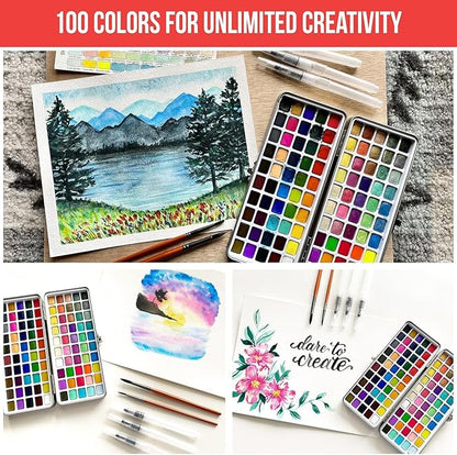 Premium Watercolor Paint Set Bundle with 100 Bright Colors & Paper Pad for Beginners & Professional – Painting Kit & Art Supplies for Adults – Travel Watercolor Set with Metallic Watercolor Paints