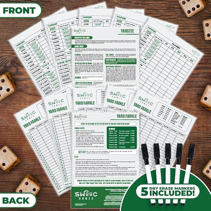 SWOOC Games® - 5 Big Premium Laminated Yardzee & Farkle Score Cards (11.5in x 8in) with Rules - Large Reusable Dry Erase Pads for Giant Outdoor Dice