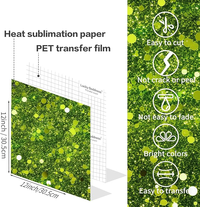 Green Glitter Sublimation Transfer Sheets for Heat Press Machine,12x12 Inch Sublimation Transfer Paper for Heat Press Machine, 8 Sheets