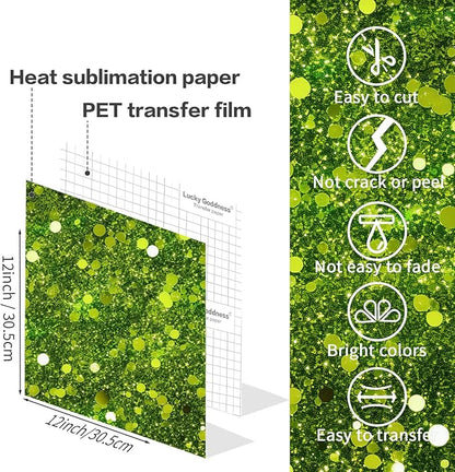 Green Glitter Sublimation Transfer Sheets for Heat Press Machine,12x12 Inch Sublimation Transfer Paper for Heat Press Machine, 8 Sheets