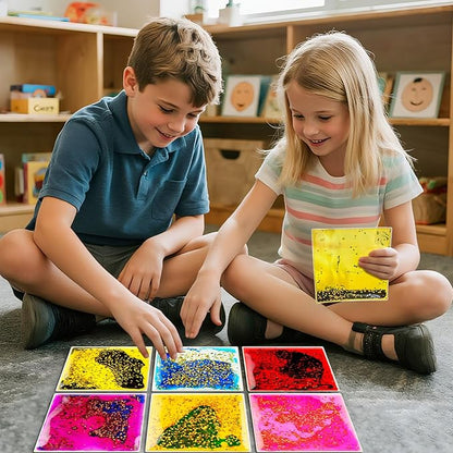 Squishy Liquid Sensory Tiles for Kids Ages 3+ – 6" Colorful Tactile Play Pads for Squeezing, Visual Tracking, Desk, Calm Corner, Classroom or Quiet Play (12-Pack)