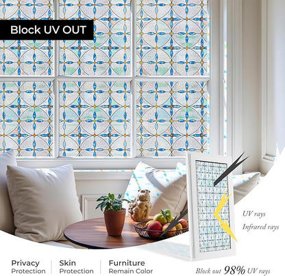 3D Stained Glass Window Film, Decorative Window Privacy Film for Bathroom,Front Door,Home, Sun Blocking Heat Control,Static Cling, Blue Tears 23.6inch x 35.4inch