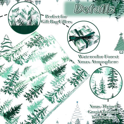 100 Sheets Christmas Tree Tissue Paper, 20x14in Forest Style Wrapping Tissue Watercolor Xmas Tree Art Tissue for Xmas Party Gift Bag Fillers Winter Party Decor (Blush Green)
