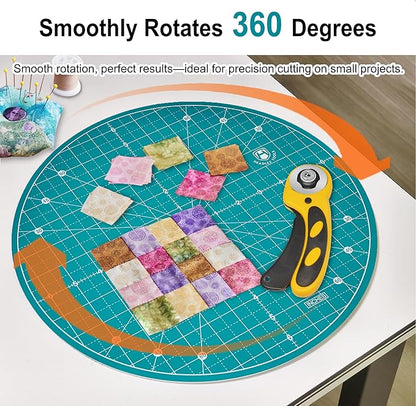 Headley Tools 13"x13" Round Rotating Cutting Mat, Self Healing Mat with 360-Degree Rotation & Anti-Slip Base, Sewing Board Cutting Mat Perfect for Fabric Quilting Leather Hobby Project, Turquoise