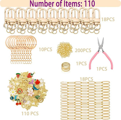 MORWLAT 358 PCS Gold DIY Keychain Making Kit Cute Bag Charm Kit 110 Charms 28 Keychain Clips with Key Ring Swivel Snap Hook Lobster Claw Clasps 200 Jump Ring Jewelry Plier DIY Set Women Craft (110)