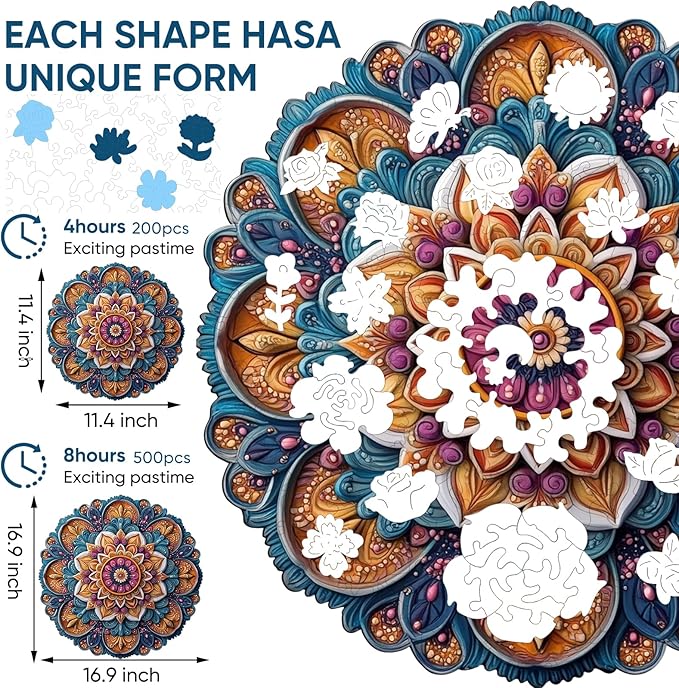 Wooden Jigsaw Puzzles - Mandala Wooden Puzzles for Adults, 500 Pcs King Size 16.7'' x 16.7'', Luxurious Shaped Wood Puzzle, Beautiful Package, Best Gift for Adults and Kids, Family Game