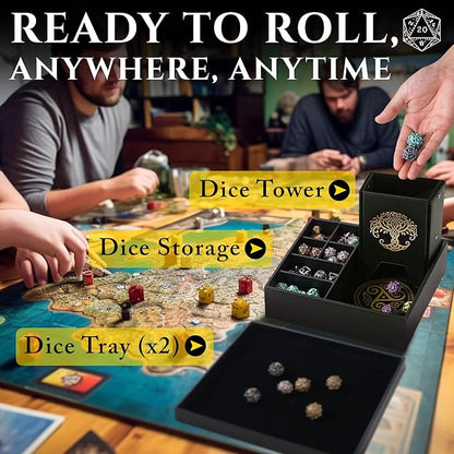 Dice Tray and Dice Tower for DND and RPG - All-in-One Game Roamer Tray & Large Tower for Random Rolls - Stores Your Sets, Mini's and More Compatible with D&D (Gold Tree)