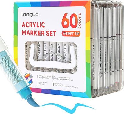 60 Colors Acrylic Paint Markers Pens Set, Soft Brush Tip Markers with Fast Drying & No-Bleed Ink, Acrylic Paint Pens for Rock, Wood, Egg, Ceramic, Fabric Painting, Art Supplies and DIY Crafts