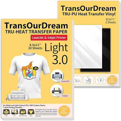 TransOurDream Iron on Heat Transfer Paper for Light Fabric (20 Sheets, 8.5x11") Printable Iron on Transfers for Inkjet Printer & Laserjet Printer, Heat Transfer Vinyl for T Shirts (2 Sheets, 8.5x11")