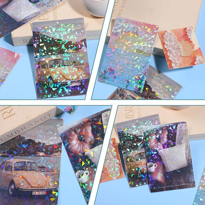 SHENLIU 60 Sheets Holographic Laminate Sheets Clear Glitter Vinyl Sticker Paper Holographic Overlay Self Adhesive Waterproof Transparent Film for Sticker Paper, 11.7 x 8.3 Inch (Gem Patterns)