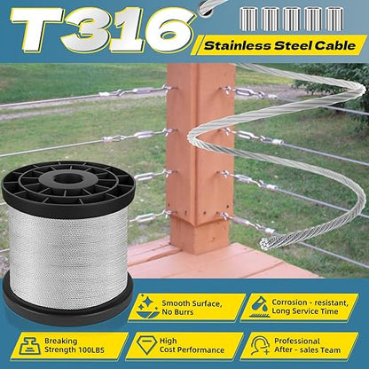 316 Stainless Steel Cable, 600FT 1/32IN Wire Rope with 150Pcs Aluminum Sleeves Stops, for String Lights Hanging, Clotheslines, Trellis Wire