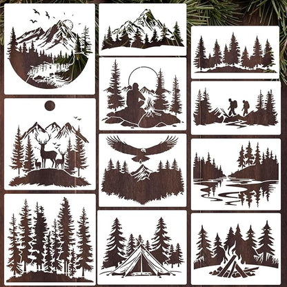 Mountain Tree Stencils for Painting 12” Forest Animal Stencils Pine Tree Stencil Reusable Drawing Templates for Wood T-Shirt Fabric DIY Crafts