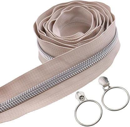 Leekayer #5 Silver Metallic Nylon Coil Zippers by The Yard Bulk 10 Yards Beige Zipper Tape with 25pcs Silver Ring Pull Sliders for DIY Sewing Tailor Craft Bag(Beige)