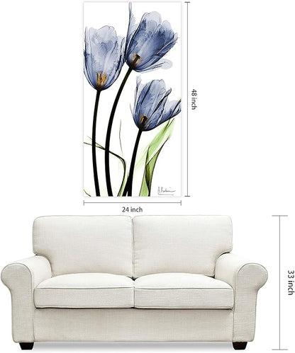 Empire Art Direct Frameless Free Floating Tempered Glass Panel Graphic Wall Art Ready to Hang, 24" x 48", Three Blue Tulips, Flower wall art