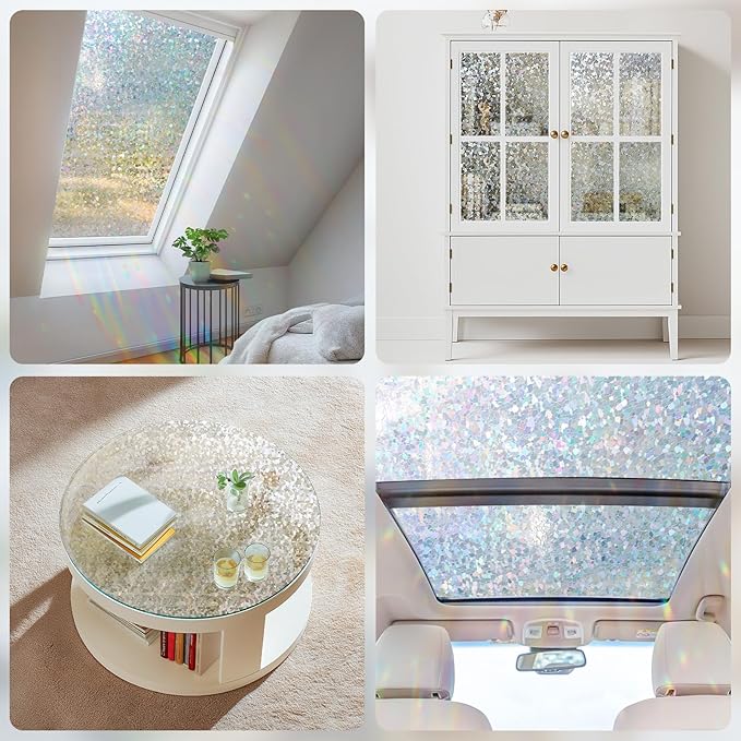 Haton Window Privacy Film, Rainbow Stained Glass Window Clings, 3D Decorative UV Sun Blocking Sticker, Removable Static Cling Heat Control Tint for Home Door, 35.4" x 78.7" Non-Adhesive